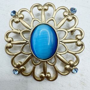 Crazyhorse Liz Claiborne Blue Cat’s Eye Large Open Scrollwork Brooch Pin